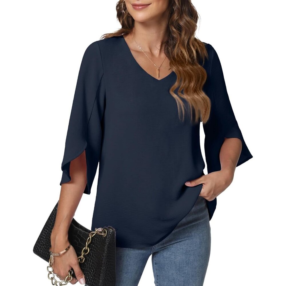 Womens 2024 Casual V-Neck Loose Tunic Top V/Purple Grey